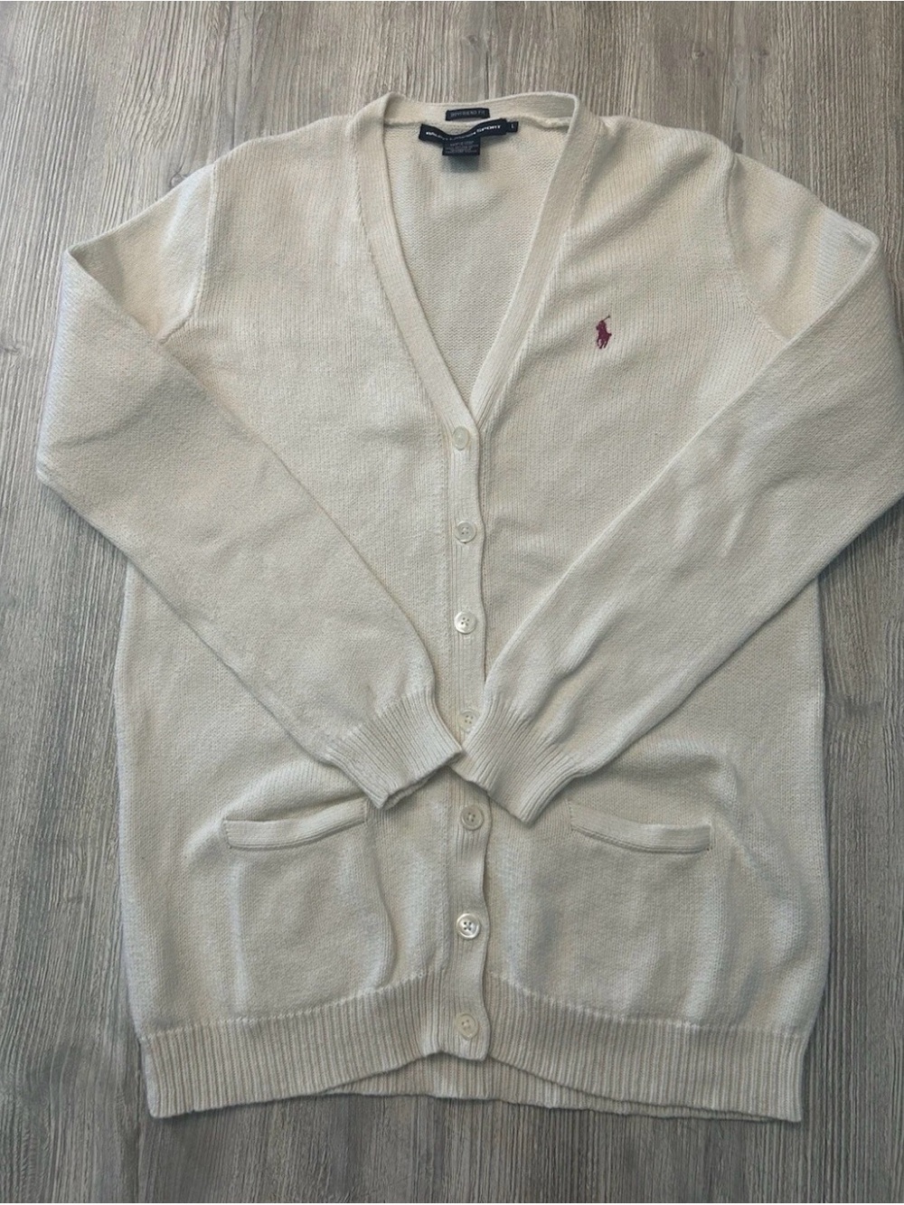 Vintage Ralph Lauren Sport Boyfriend Fit 100% Cotton Cream Pink Pony Cardigan L
